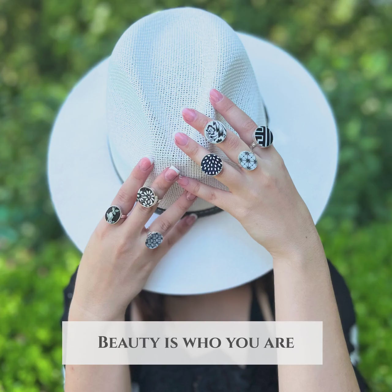 Upcycled China Jewelry Rings handmade with Sterling Silver and Vintage Black White China
