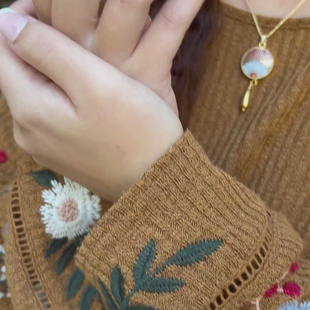 Long Artisan Imari Porcelain Necklace handcrafted from a Japanese Arita Yaki Yunomi, Gold Fall Floral China Jewelry Gift for Autumn Birthday