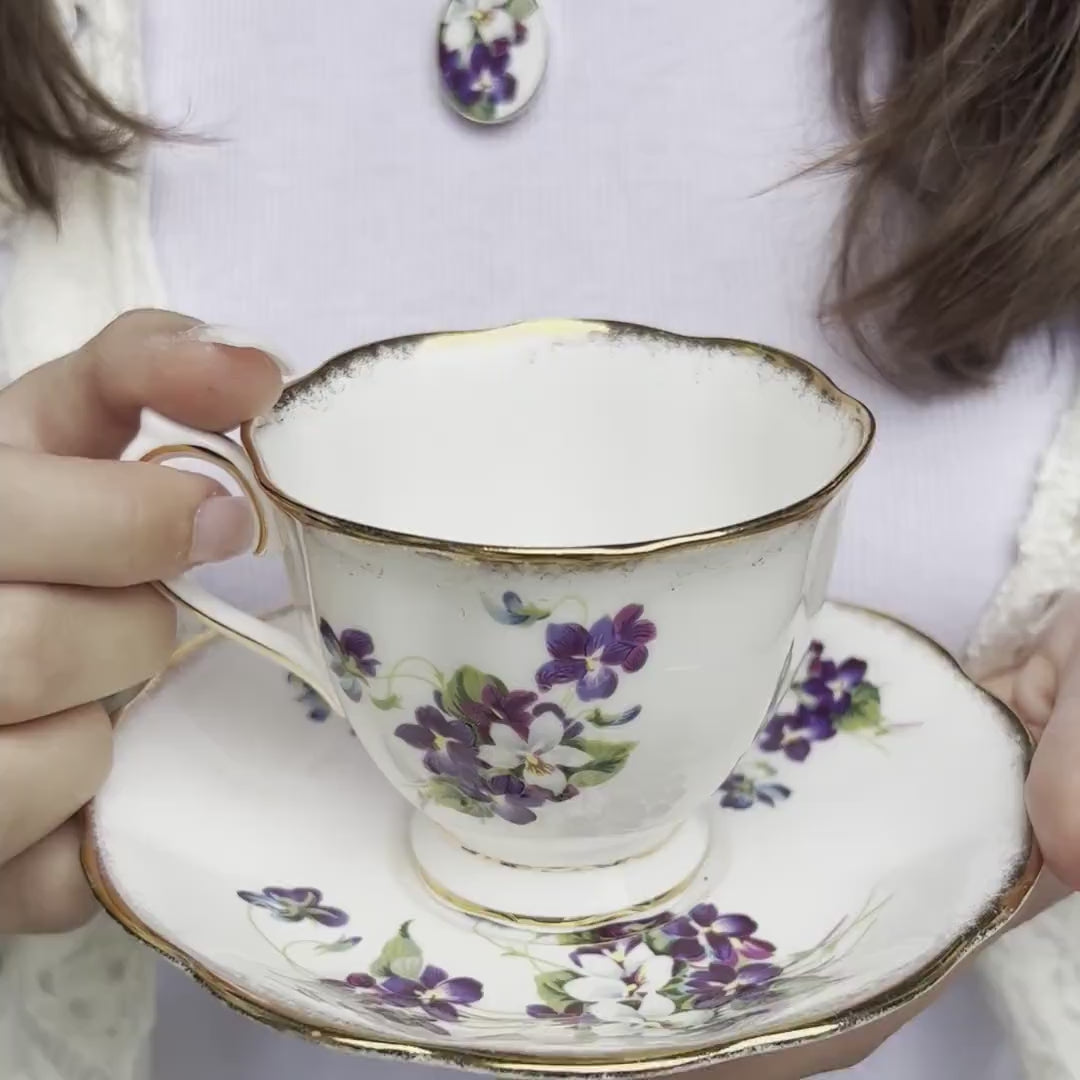 Vintage Royal Albert Violets Broken China Jewelry & Fine Bone China Tea Cup and Saucer, Violet Flower China Tea Set Gift for Purple Lovers