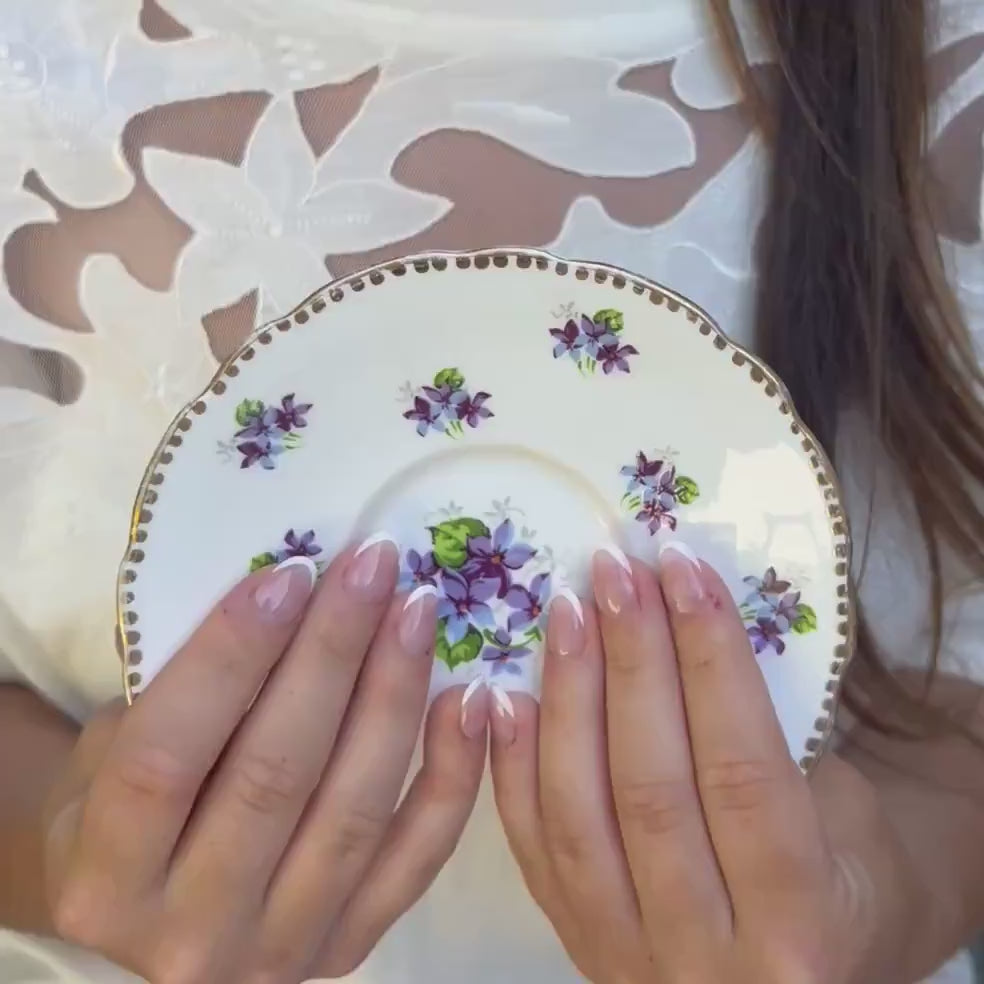 Upcycled Sweet Violet Floral China Earrings handmade with Real Amethyst Bead Dangles