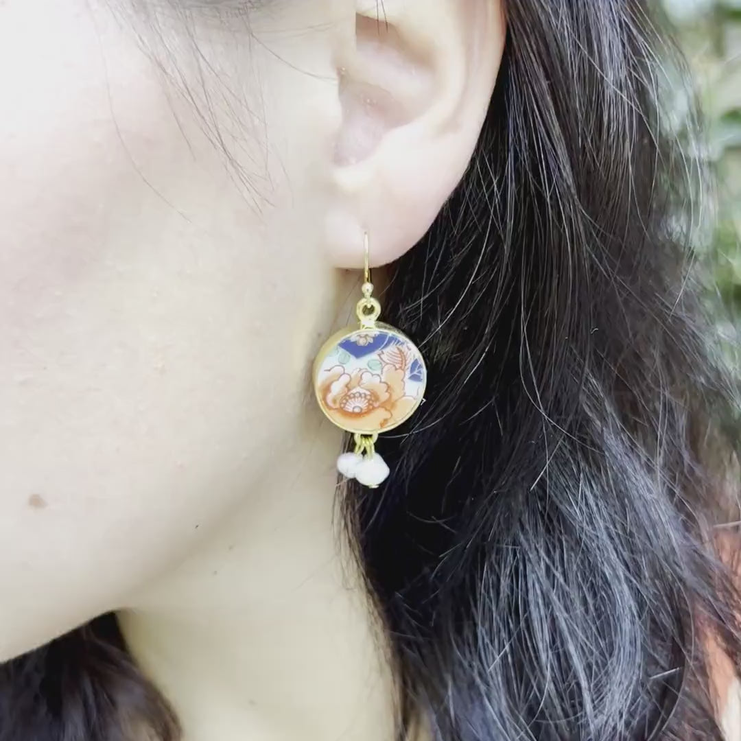 Autumn Peony Porcelain Dangle Earrings handmade with Kutani Imari Porcelain