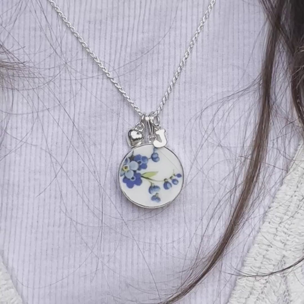 Vintage Forget Me Not China Necklace with Sterling Silver Initial Letter & Heart Charm, Personalized Broken China Jewelry Gift for Women