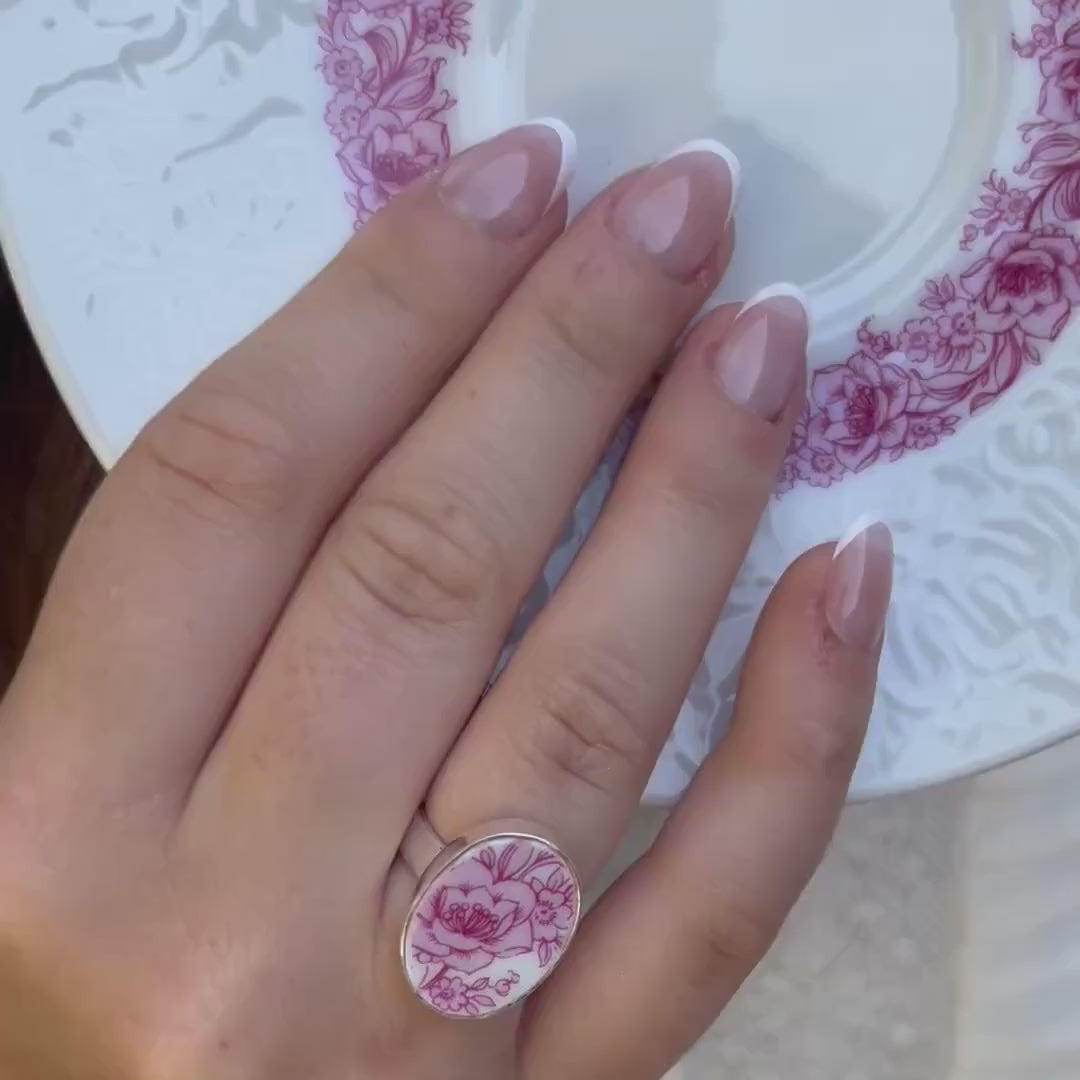 Dainty Rose Flower Stud China Earrings & Ring handmade with Upcycled Porcelain