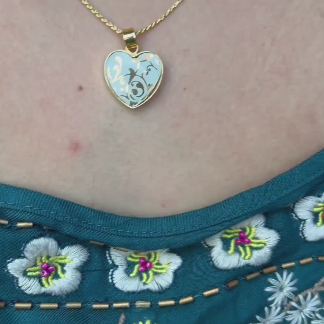 Romantic Gold Heart Porcelain Necklace, Thoughtful 18th Anniversary Gift for Wife, Dainty Broken China Jewelry with Royal Albert China