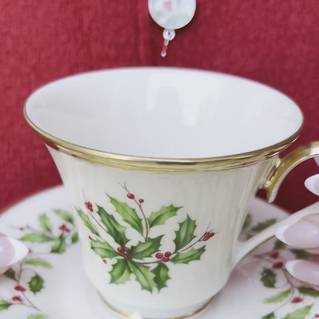 Lenox Holiday China Necklace handmade with Vintage Holly Leaf China & Tiny Red Swarovski, Christmas Broken China Jewelry Gift for Her