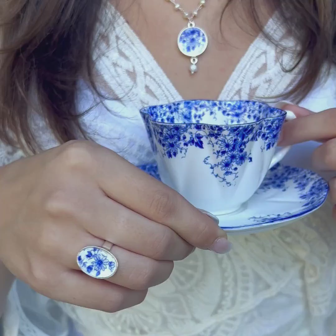 Vintage Dainty Blue Shelley Handmade Broken China Jewelry & China Tea Cup and Saucer Set, English Porcelain Gift for Her 20th Anniversary