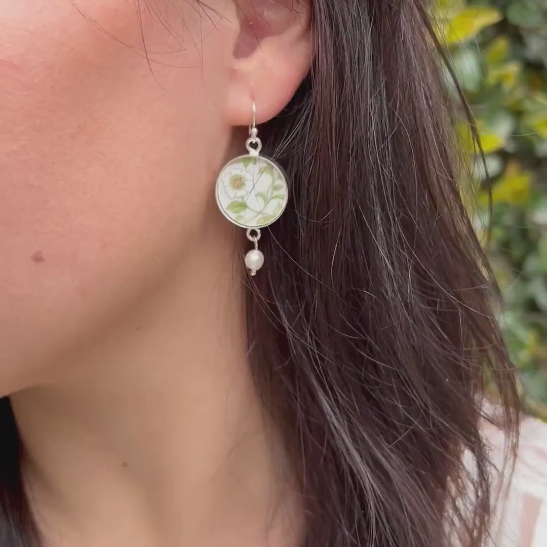 Upcycled Botanical Floral China Earrings handmade from a Repurposed China Plate