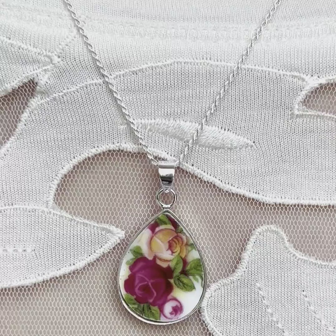 Royal Albert Old Country Roses Broken China Jewelry Necklace with Unique China Pendant, Handmade China Gift for Her 20th Wedding Anniversary