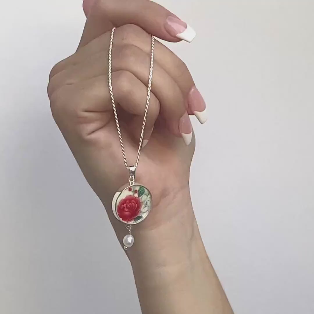 Romantic Red Rose China Necklace Pendant handmade with Upcycled Porcelain & Sterling Silver