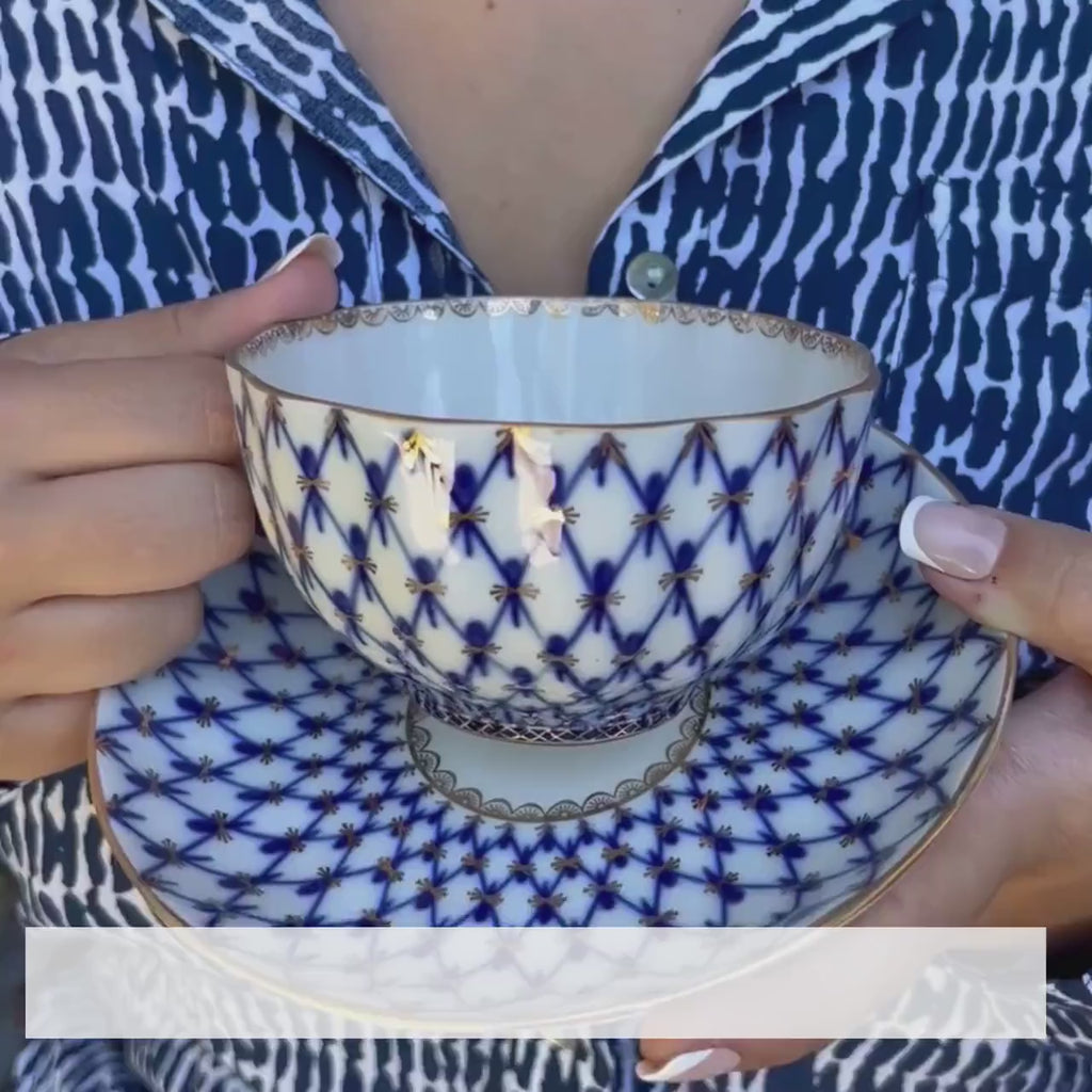 Lomonosov Porcelain Necklace with Unique Gold Blue and White Statement China Pendant, Dramatic Vintage China Jewelry Birthday Gift for Women