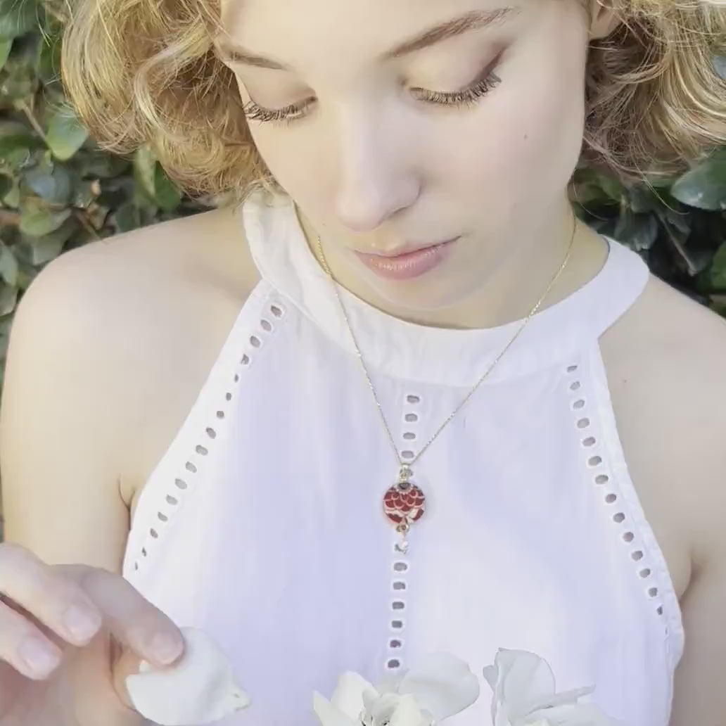 Red Floral Upcycled Porcelain Necklace handmade with Vintage Royal Crown Derby Imari China