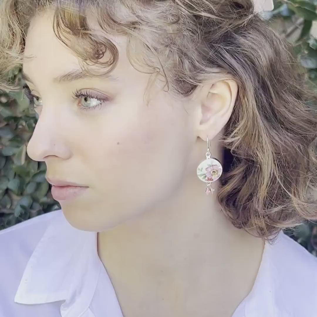 Upcycled French Limoges Porcelain Earrings with Mismatched Pink Botanical Flowers, One of a Kind Broken China Jewelry Gift for Her Birthday