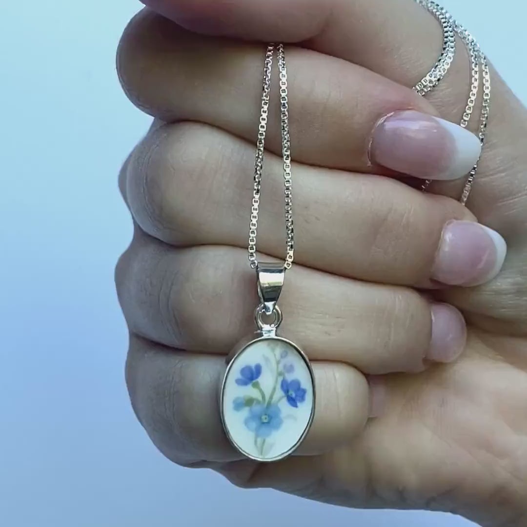 Forget Me Not China Necklace, Dainty Broken China Pendant