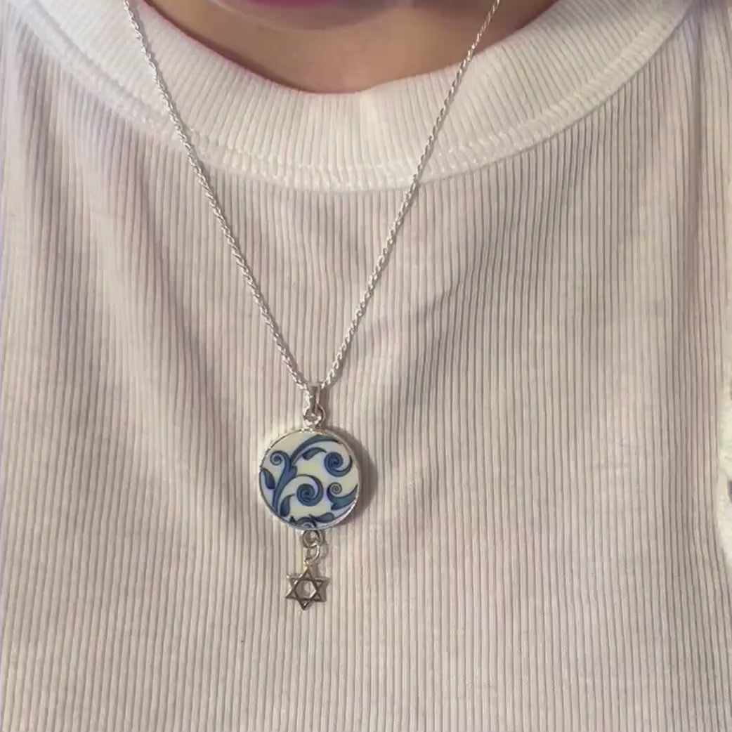 Unique Star of David and Chai Necklaces handmade from Upcycled Spode Judaica China Plate, Hanukkah or Jewish Bat Mitzvah Gift for Her