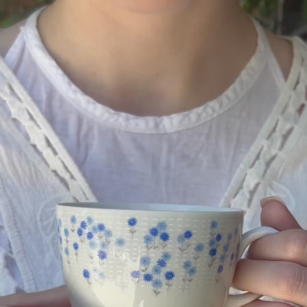 Dainty Blue Floral China Earrings handmade with Repurposed China & Tiny White Flowers, Unique Broken China Jewelry Gift for Girlfriend