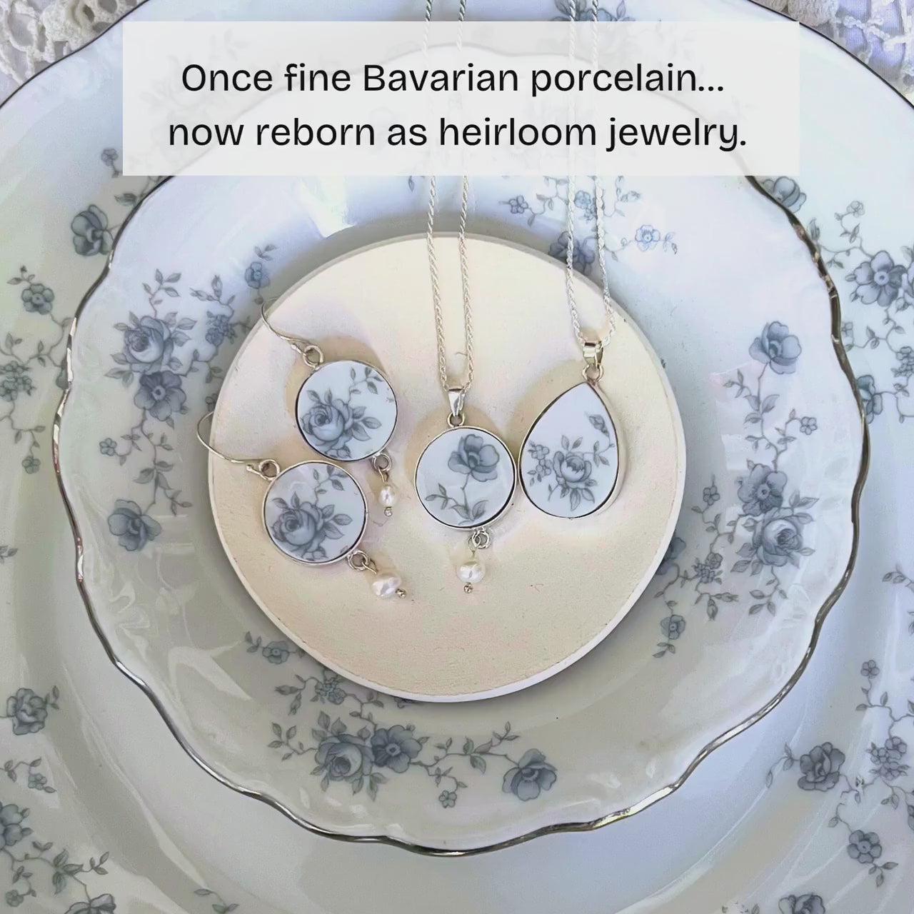 Johann Haviland Blue Garland China Jewelry Gift for Mom Wife, Vintage China Earrings & Blue Flower Necklace Set, Unique and Thoughtful Gift