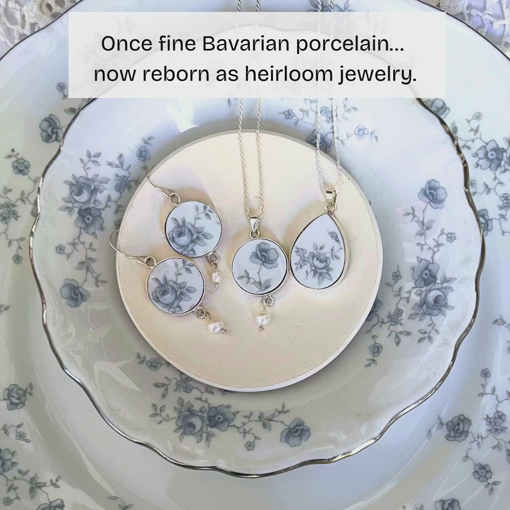 Johann Haviland Blue Garland China Jewelry Gift for Mom Wife, Vintage China Earrings & Blue Flower Necklace Set, Unique and Thoughtful Gift
