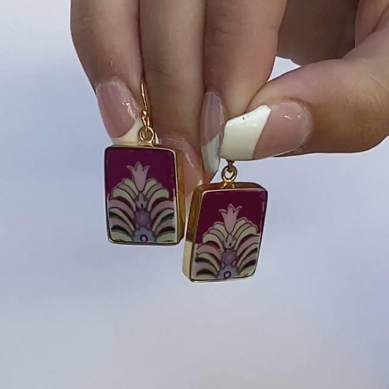 Magenta Bijoux Art Deco China Earrings handmade with Repurposed China, Broken China Jewelry Gift with an Indie Vintage Style Burgundy Floral