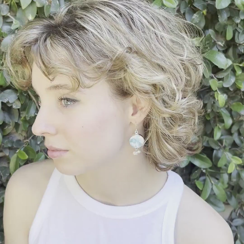 Upcycled Porcelain Dangle Earrings handmade from Vintage Anthropologie Plate with Sterling Silver & Tiny Pearl Cluster, Broken China Jewelry