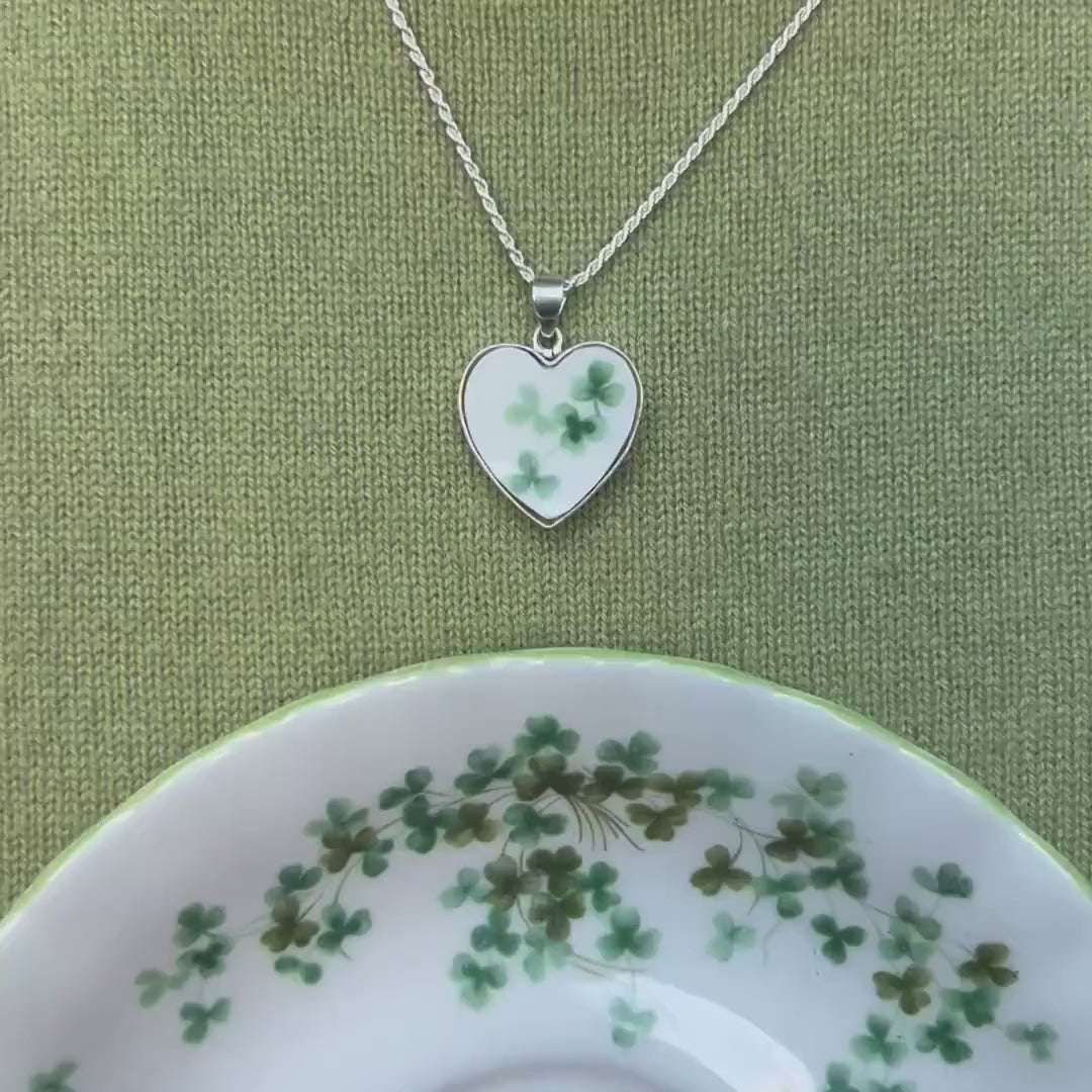 Dainty Shamrock China Heart Necklace handmade with Vintage Royal Albert China