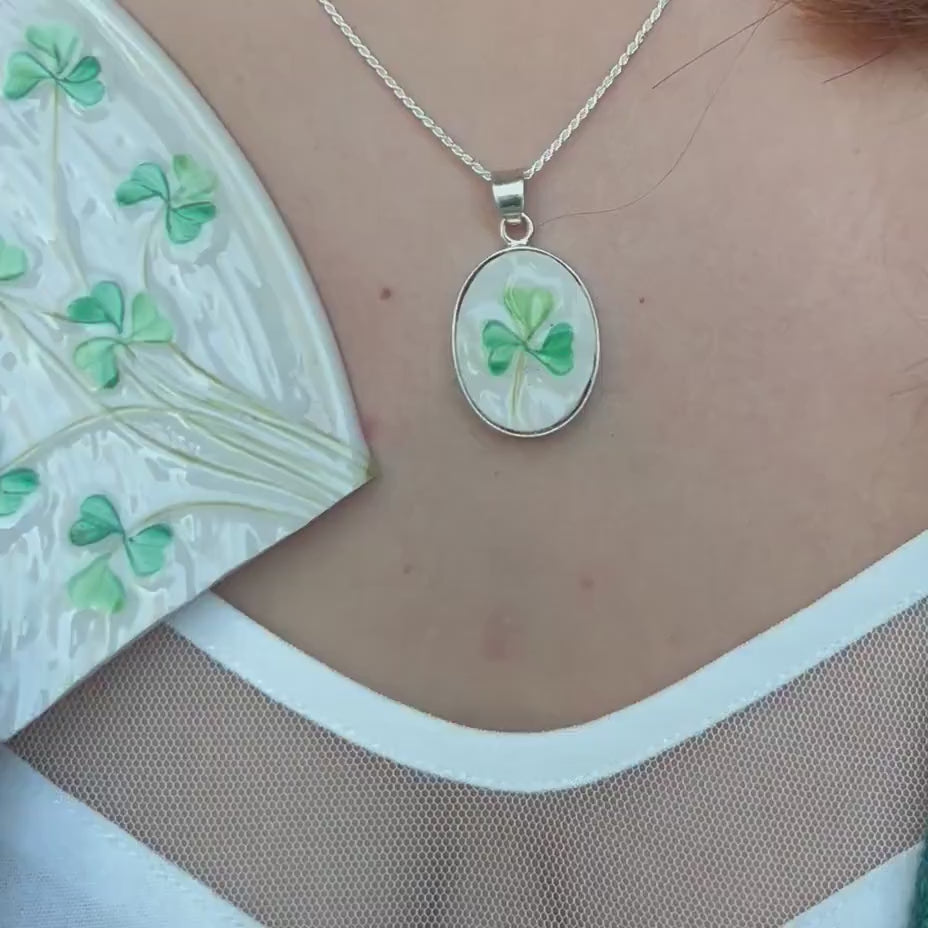 Vintage Beleek Shamrock China Necklace handmade with Three Leaf Clover China