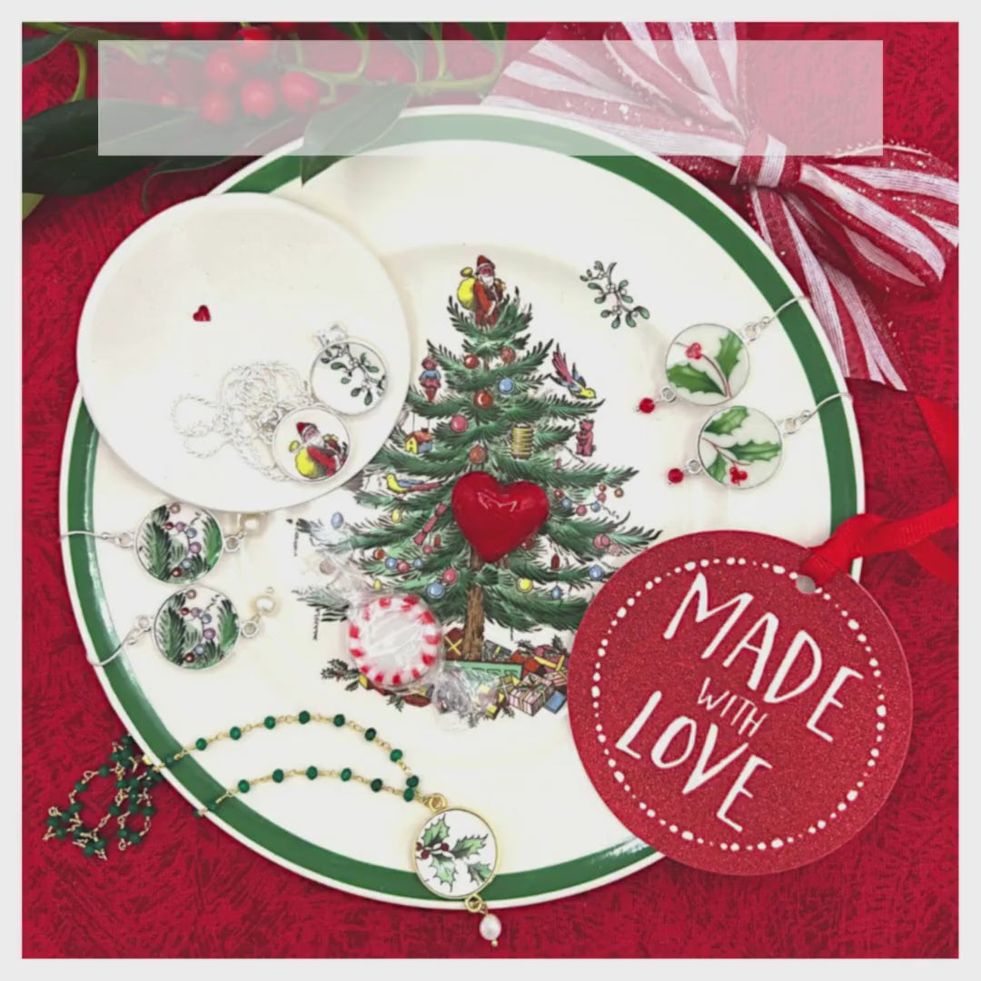Christmas Broken China Jewelry handmade with Spode Christmas Tree & Lenox Holiday China, Nostalgic Holiday Unique Christmas Gifts for Women