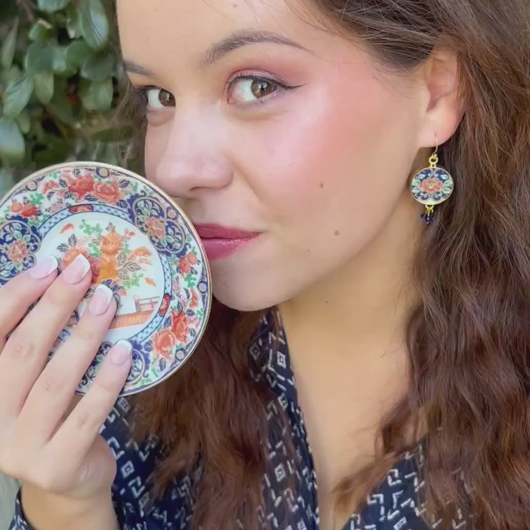 Japanese Indigo & Gold Imari Porcelain Earrings with Repurposed China