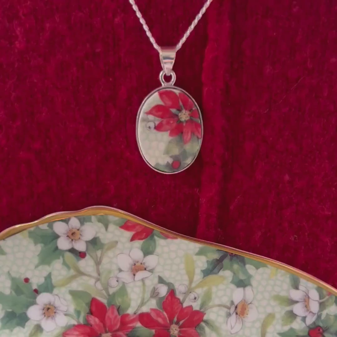Red Poinsettia Earrings handcrafted with Upcycled Vintage Royal Winton Chintz China, Festive Broken China Jewelry Gift Idea for Christmas