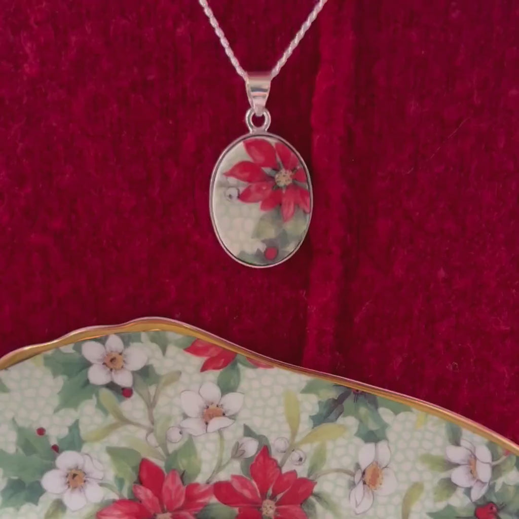 Red Poinsettia Earrings handcrafted with Upcycled Vintage Royal Winton Chintz China, Festive Broken China Jewelry Gift Idea for Christmas