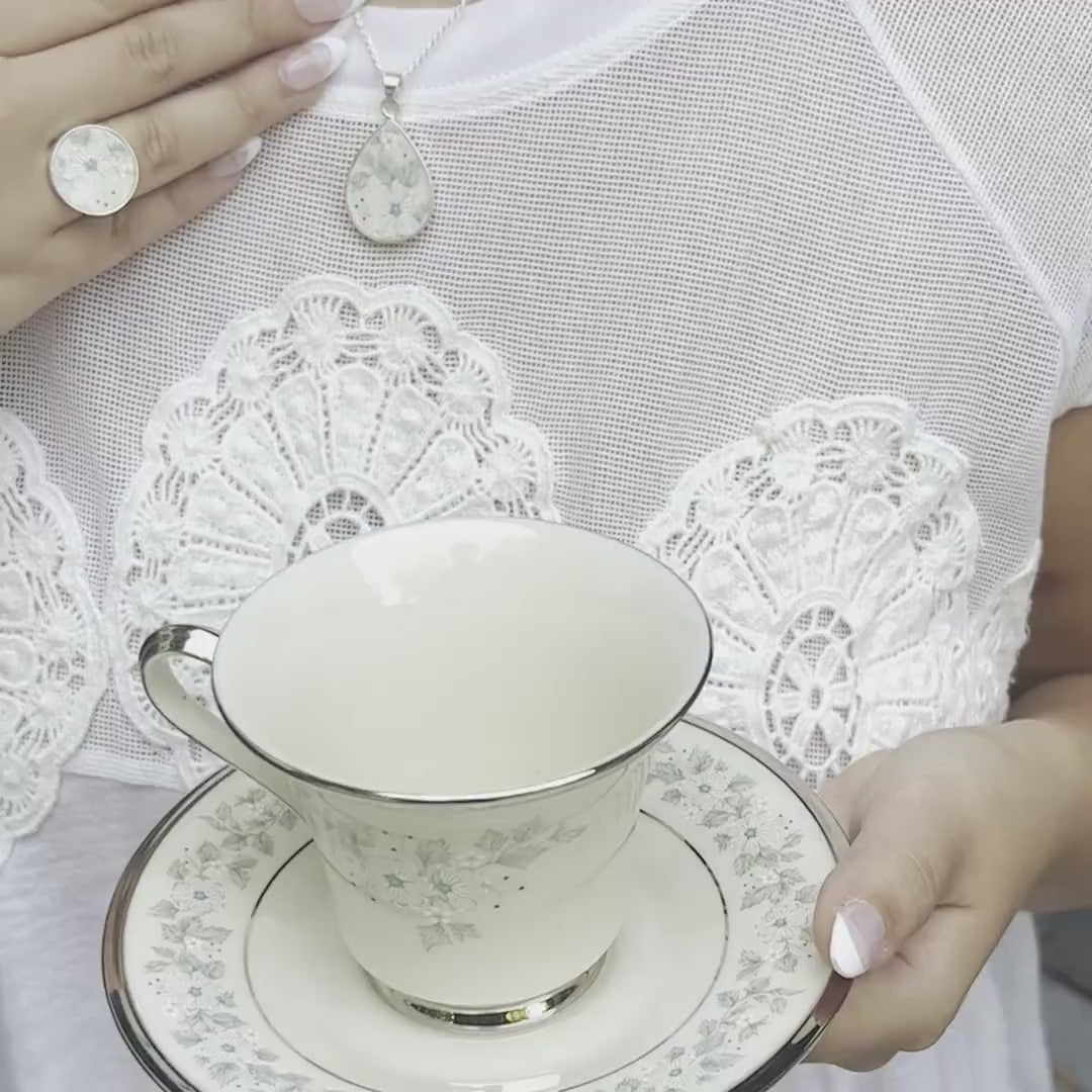 Vintage Lenox Windsong Broken China Jewelry with Matching Fine Bone China Tea Cup and Saucer, Thoughtful Bridal Shower Bride Gift from Mom