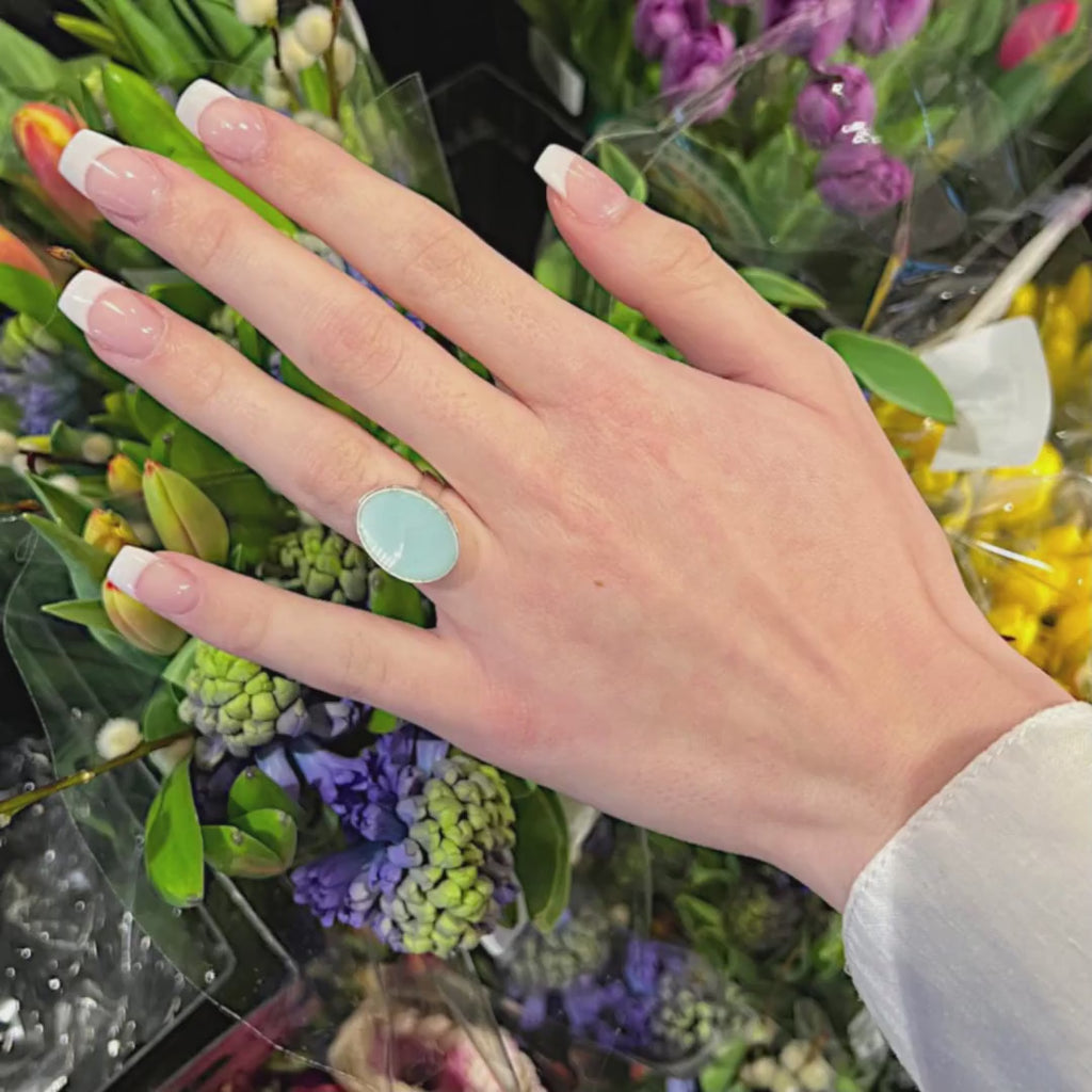 Vintage Celadon Porcelain Oval Adjustable Ring handmade with Repurposed China & Sterling Silver