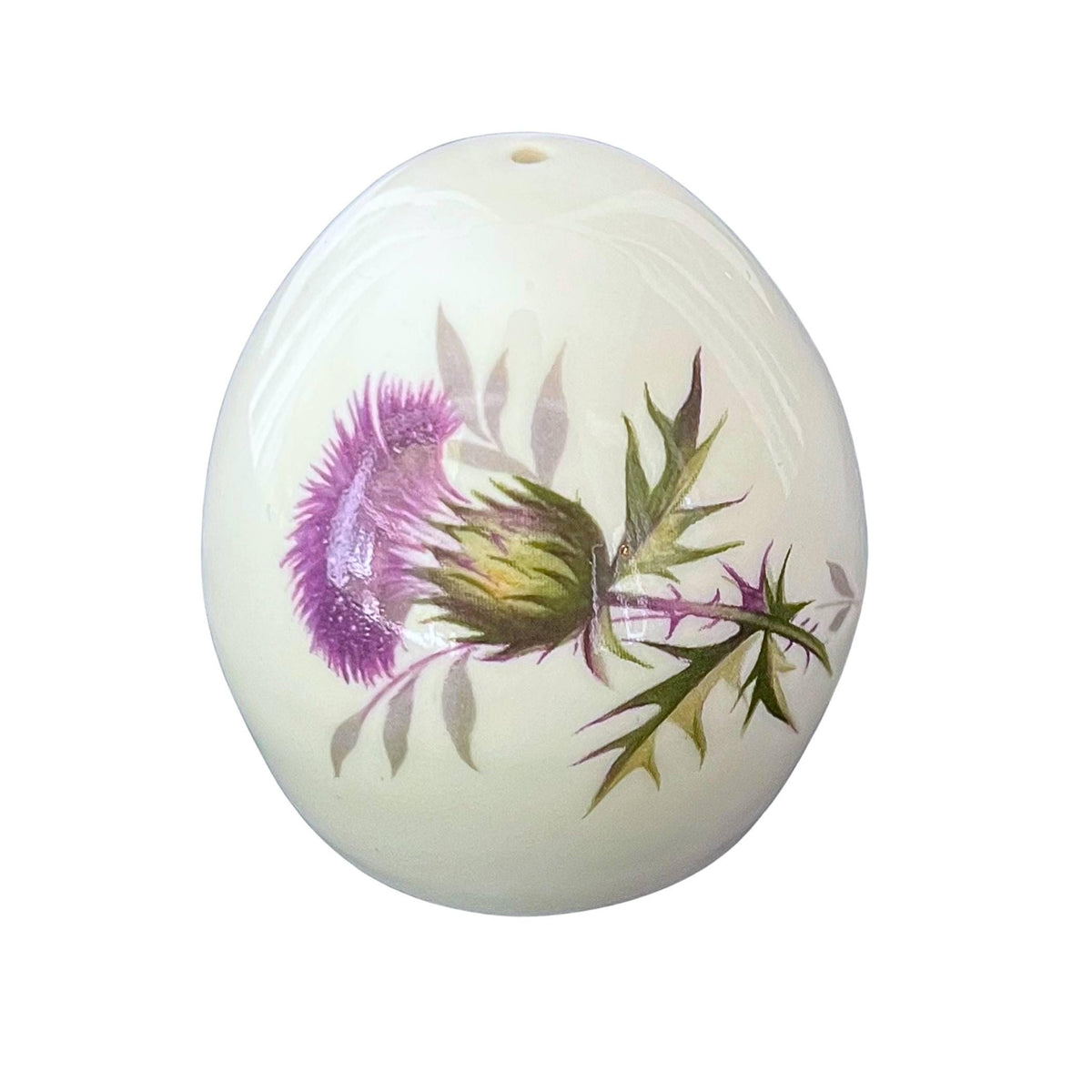Purple thistle Sanford china salt shaker, the source piece for this upcycled Scottish thistle necklace.