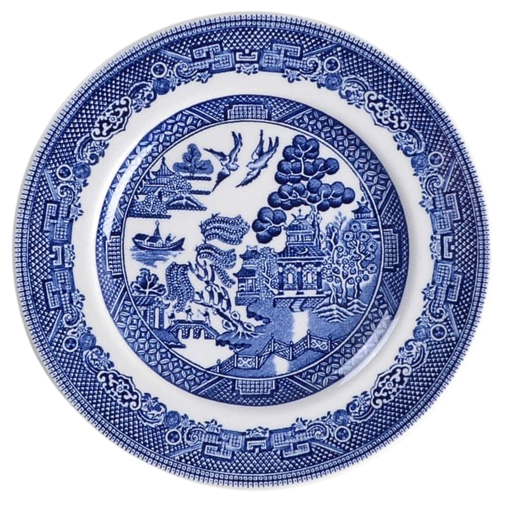 Vintage Blue Willow china plate showing the love birds motif used in this necklace.