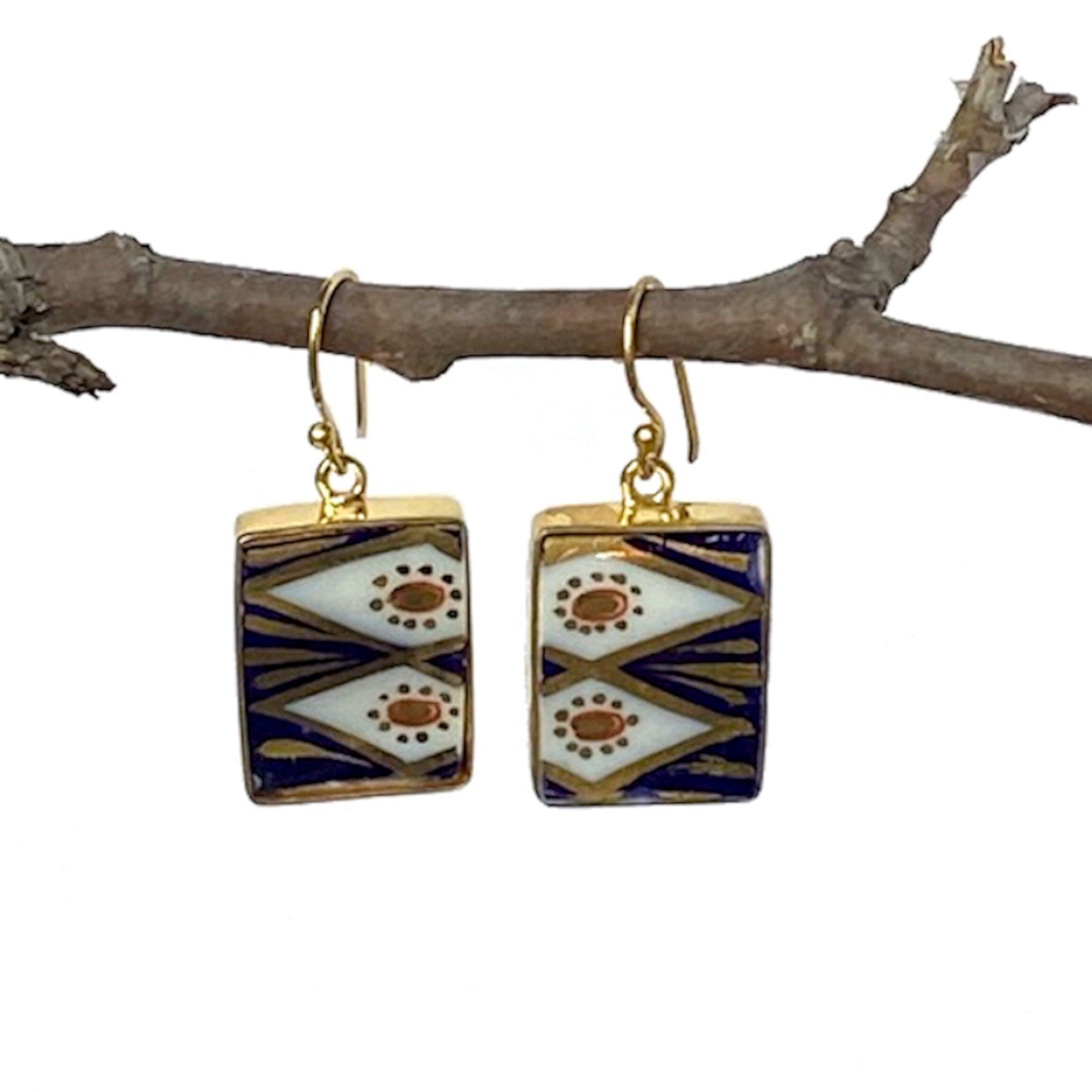 Upcycled Porcelain Earrings handmade with Antique Royal Crown Derby Imari, Simple Rectangle Gold and Cobalt China Jewelry Gift for Women