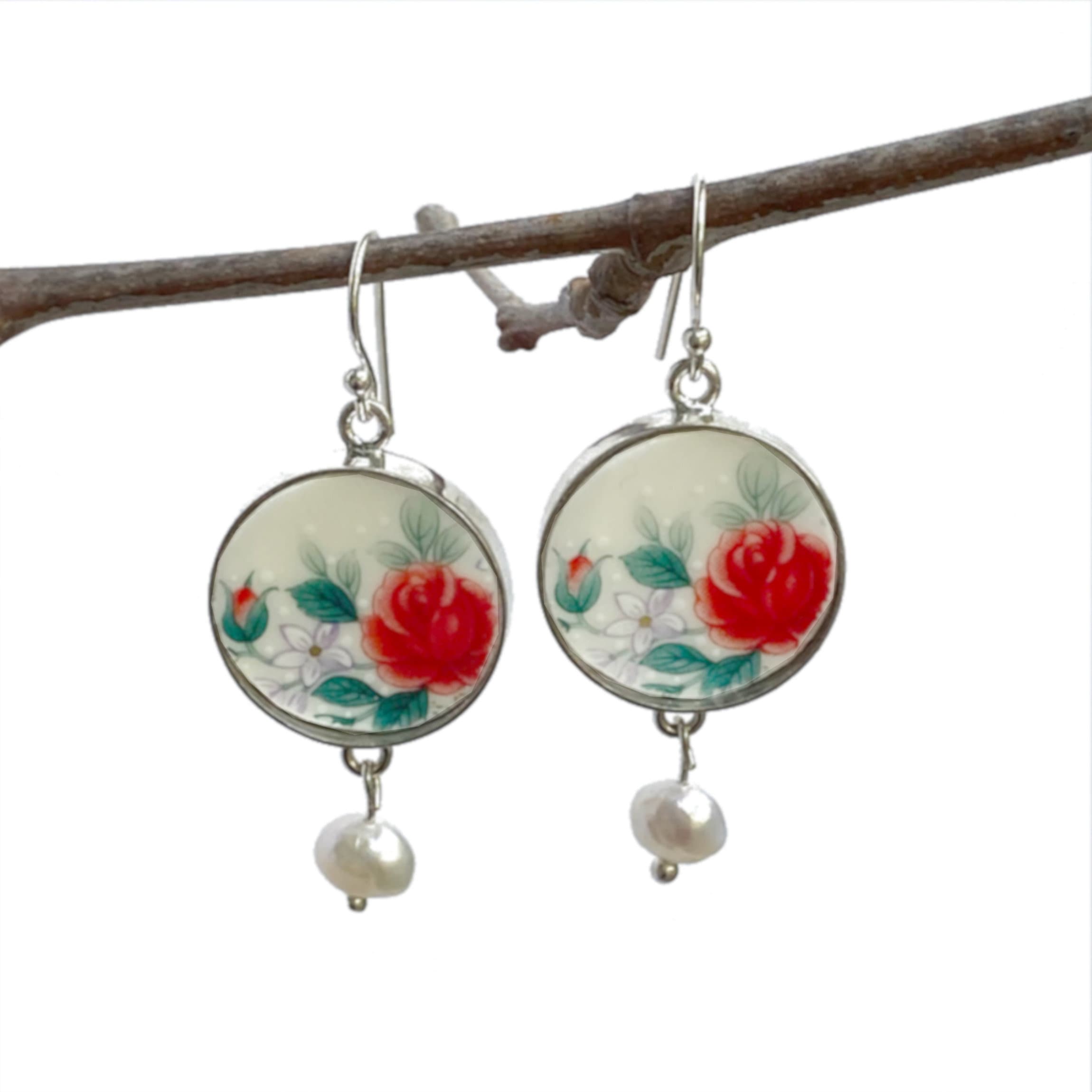 Dainty Red Rose China Earrings handmade with Repurposed China & Fine Pearl Dangles, Romantic Broken China Jewelry Christmas Gift for Women