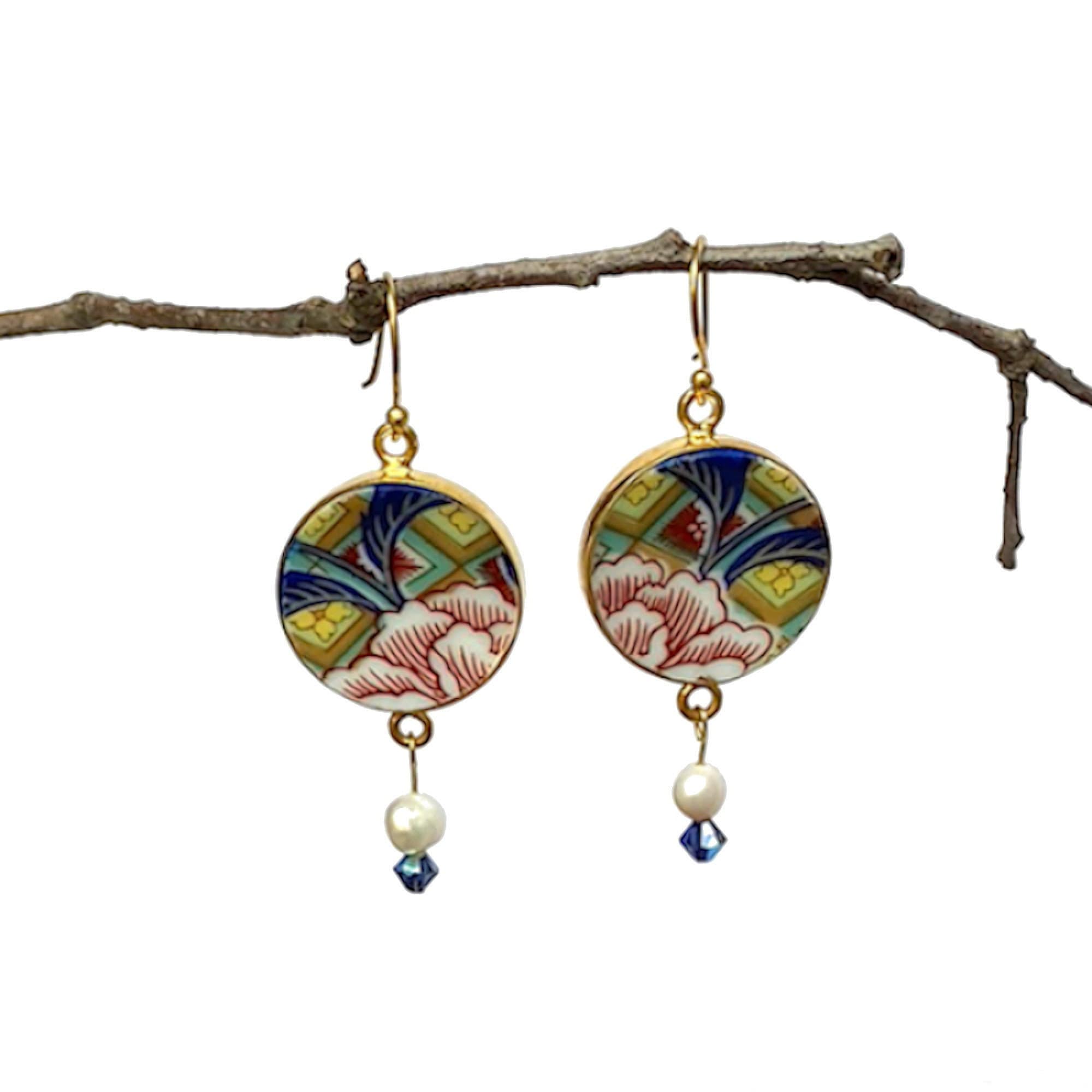Antique Japanese Floral Imari China Earrings with Indigo Crystal and Tiny Pearl Dangles