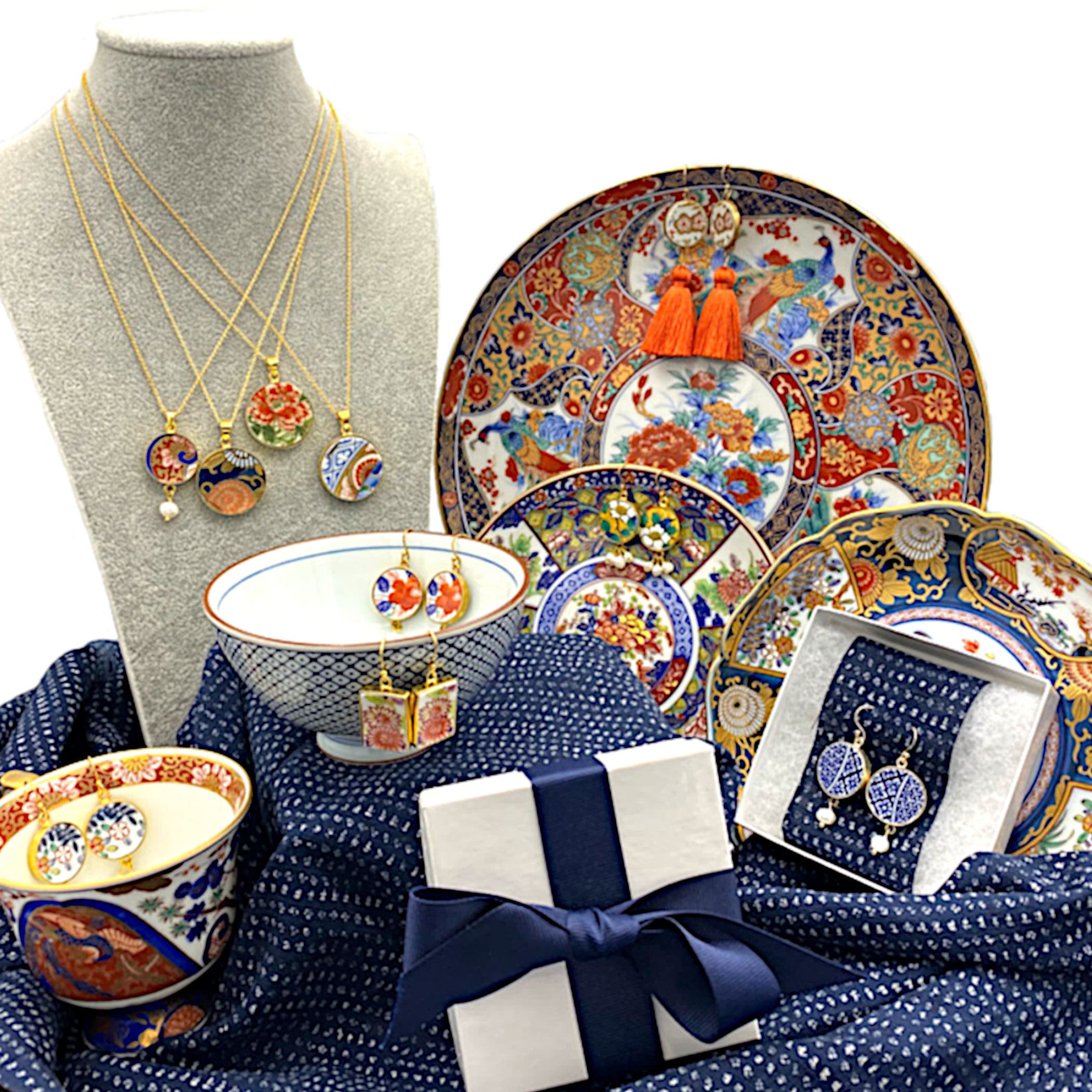 Vintage Arita Porcelain Oval Necklace handmade with Upcycled Japanese Ceramics & Sterling Silver, Asanoha Star Indigo Statement Jewelry Gift