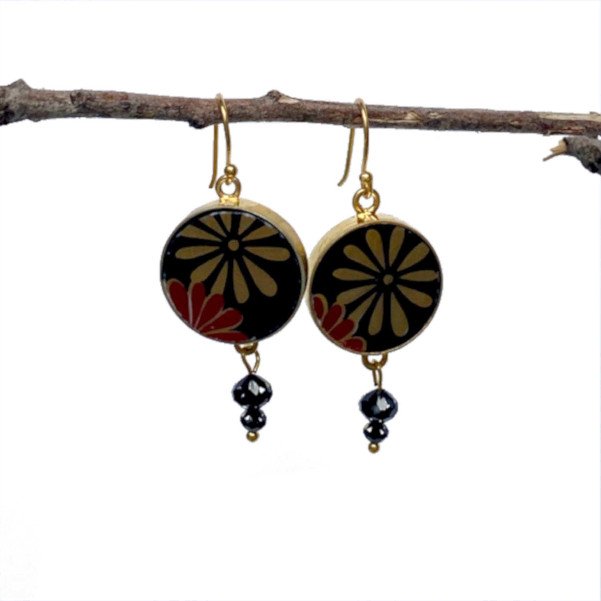 Japanese Black and Gold Porcelain Dangly Earrings handmade with Broken China & Black Swarovski, Elegant Vintage China Jewelry Gift for Her