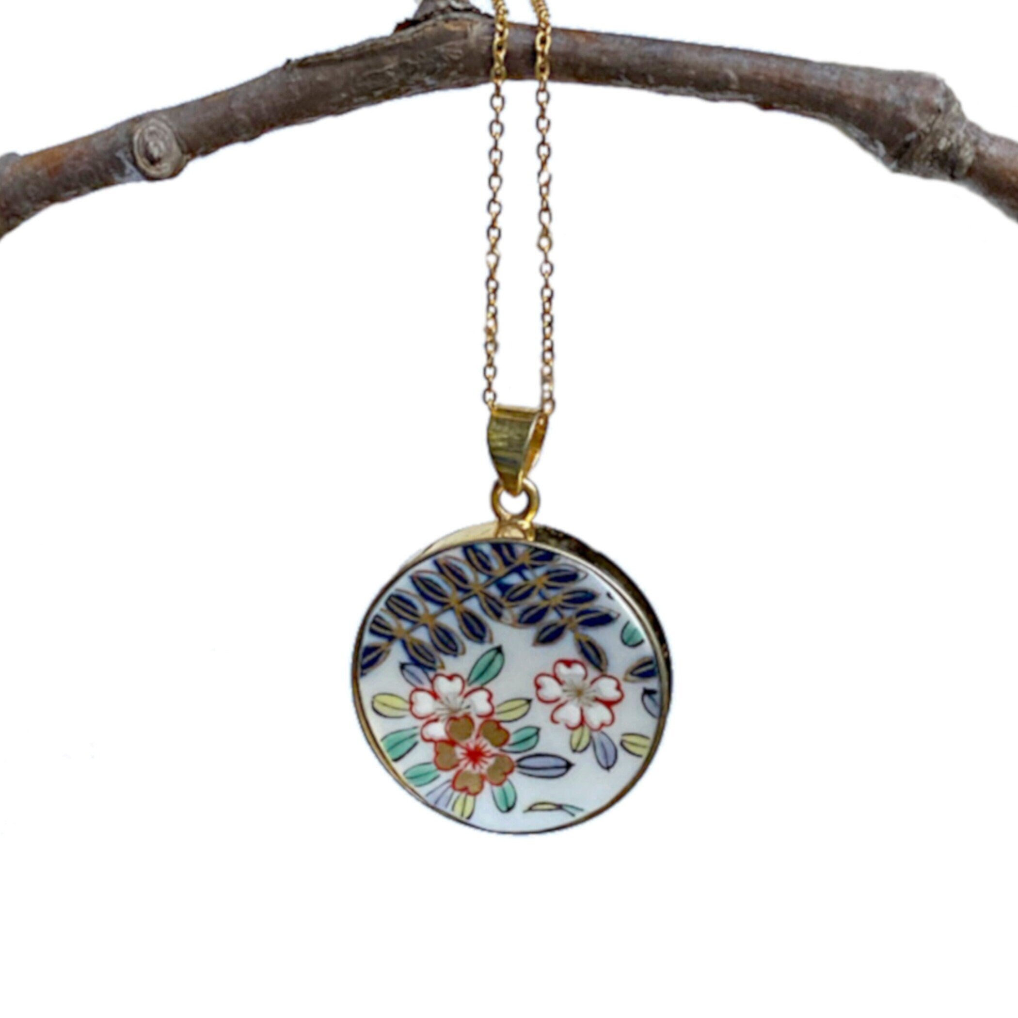 Unique Floral Porcelain Statement Necklace handmade with Upcycled Imari Porcelain, Repurposed China Jewelry Gift for Her 18th Anniversary