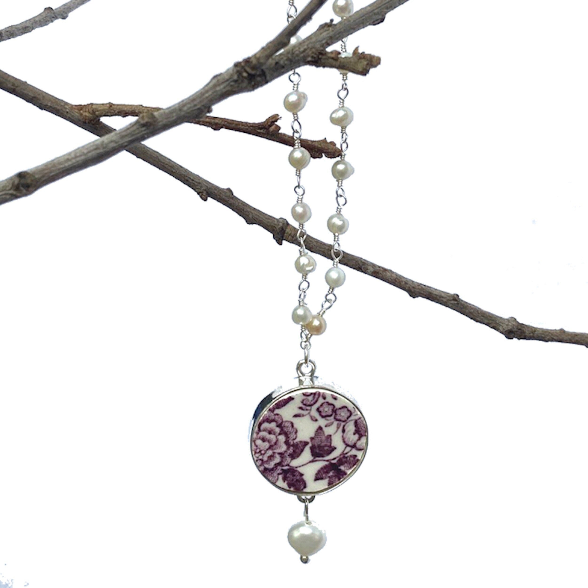 Purple Transferware Broken China Jewelry Necklace handmade with Upcycled China, Vintage English Rose Porcelain Pendant with Tiny Pearl Chain