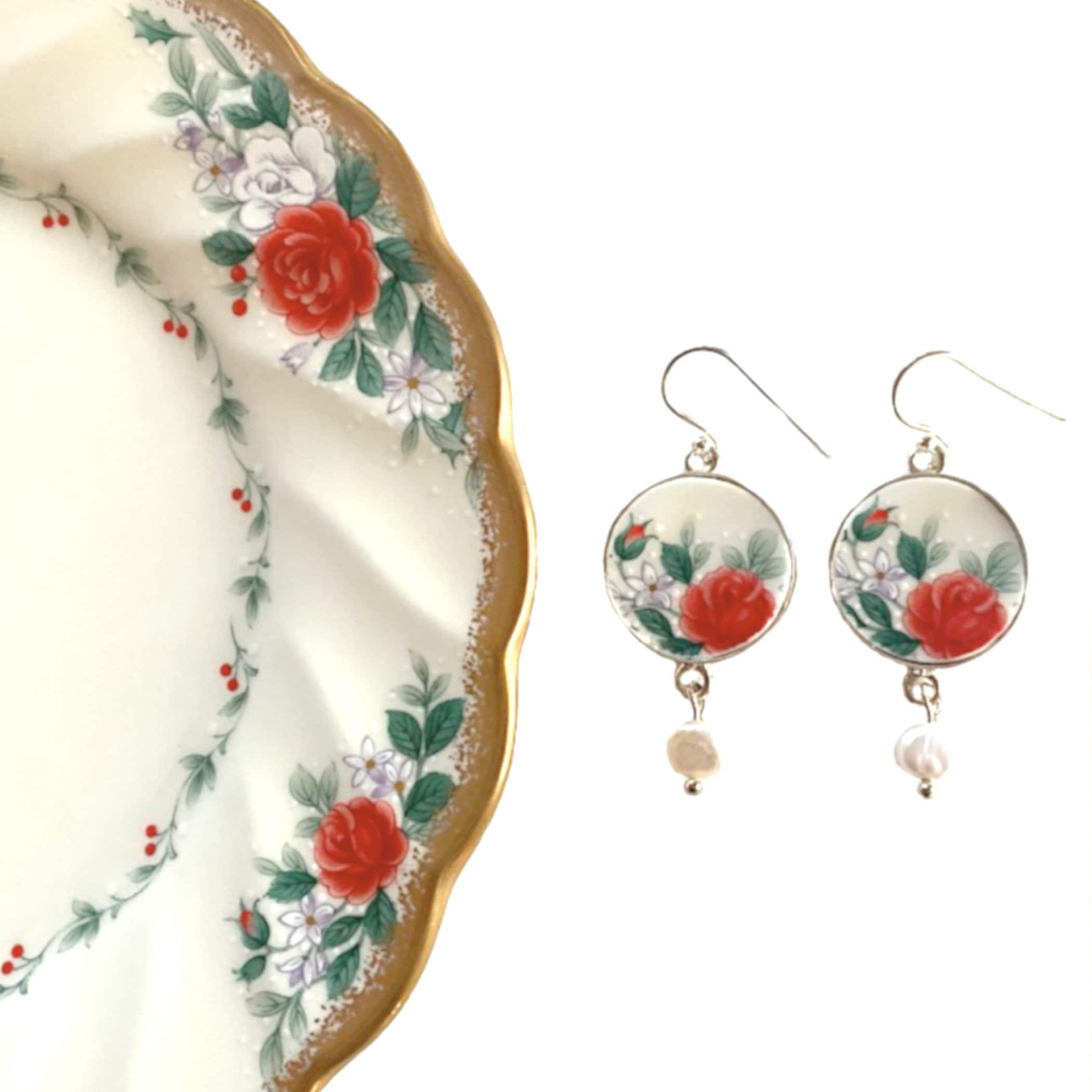 Dainty Red Rose China Earrings handmade with Repurposed China & Fine Pearl Dangles, Romantic Broken China Jewelry Christmas Gift for Women