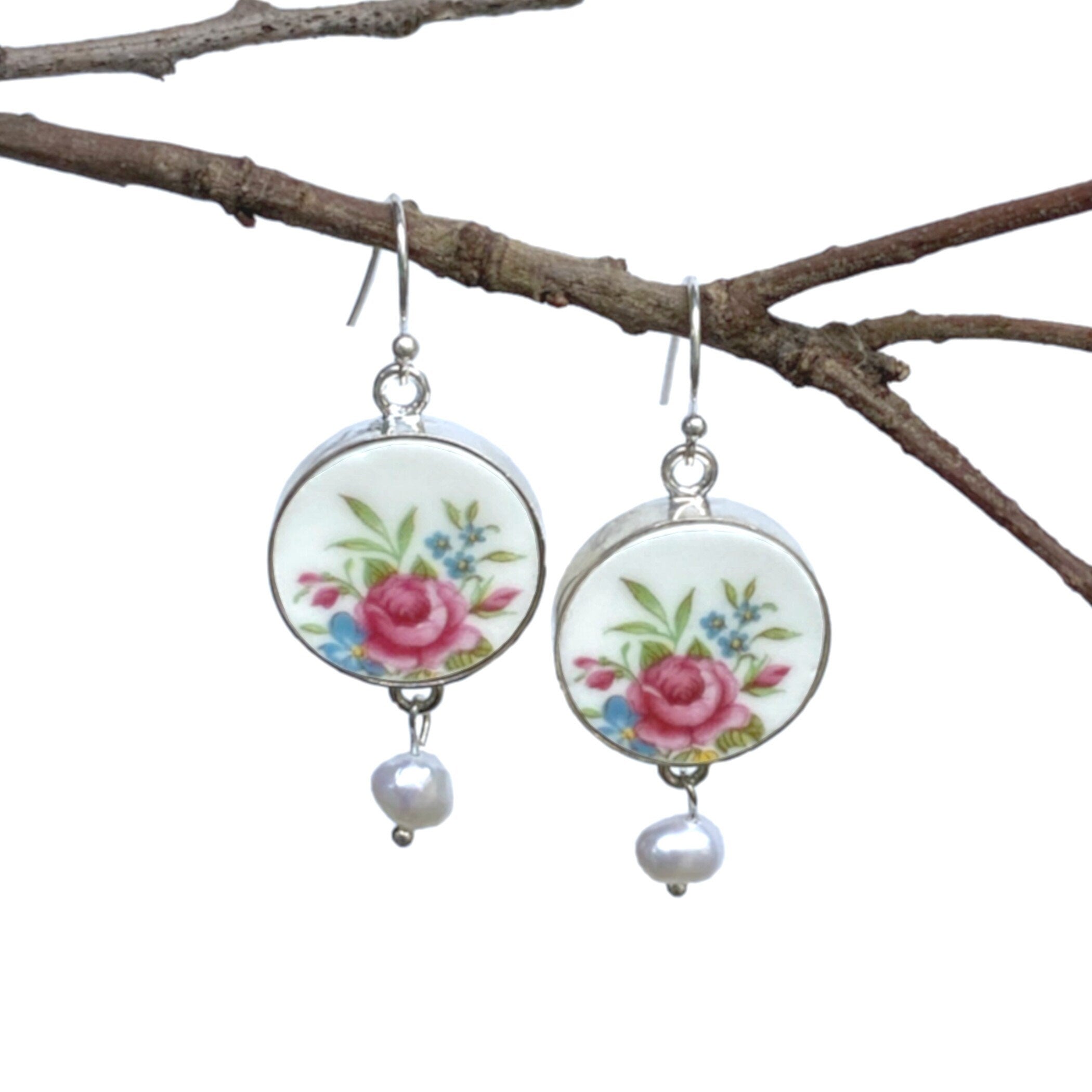 Romantic Broken China Earrings handmade with Fine Upcycled Vintage Rose China, Repurposed China Jewelry, Thoughtful Valentines Gift for Wife