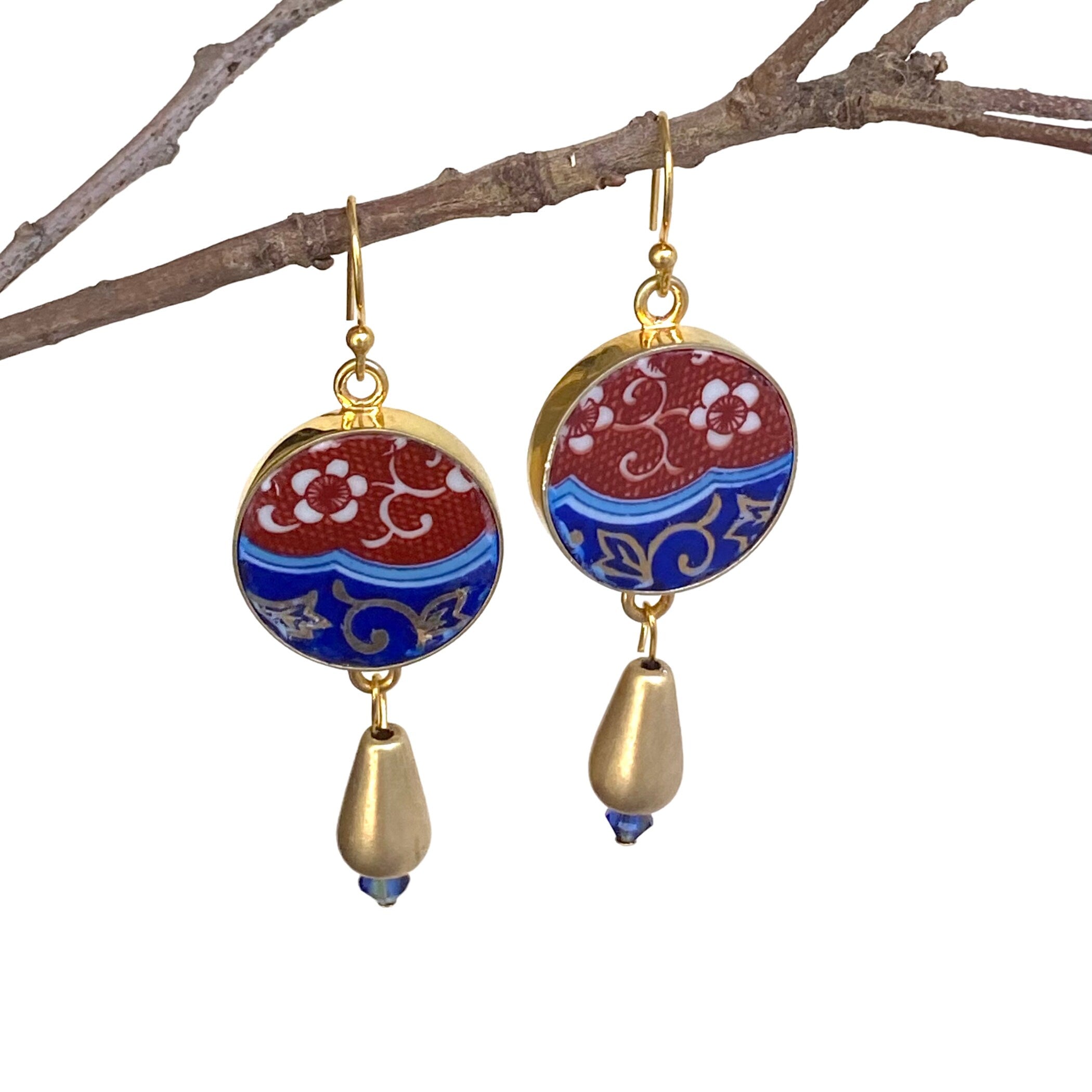 Intricate Floral China Dangly Earrings handmade with Japanese Imari Porcelain & Long Gold Teardrops, Statement Indie Jewelry Gift For Women