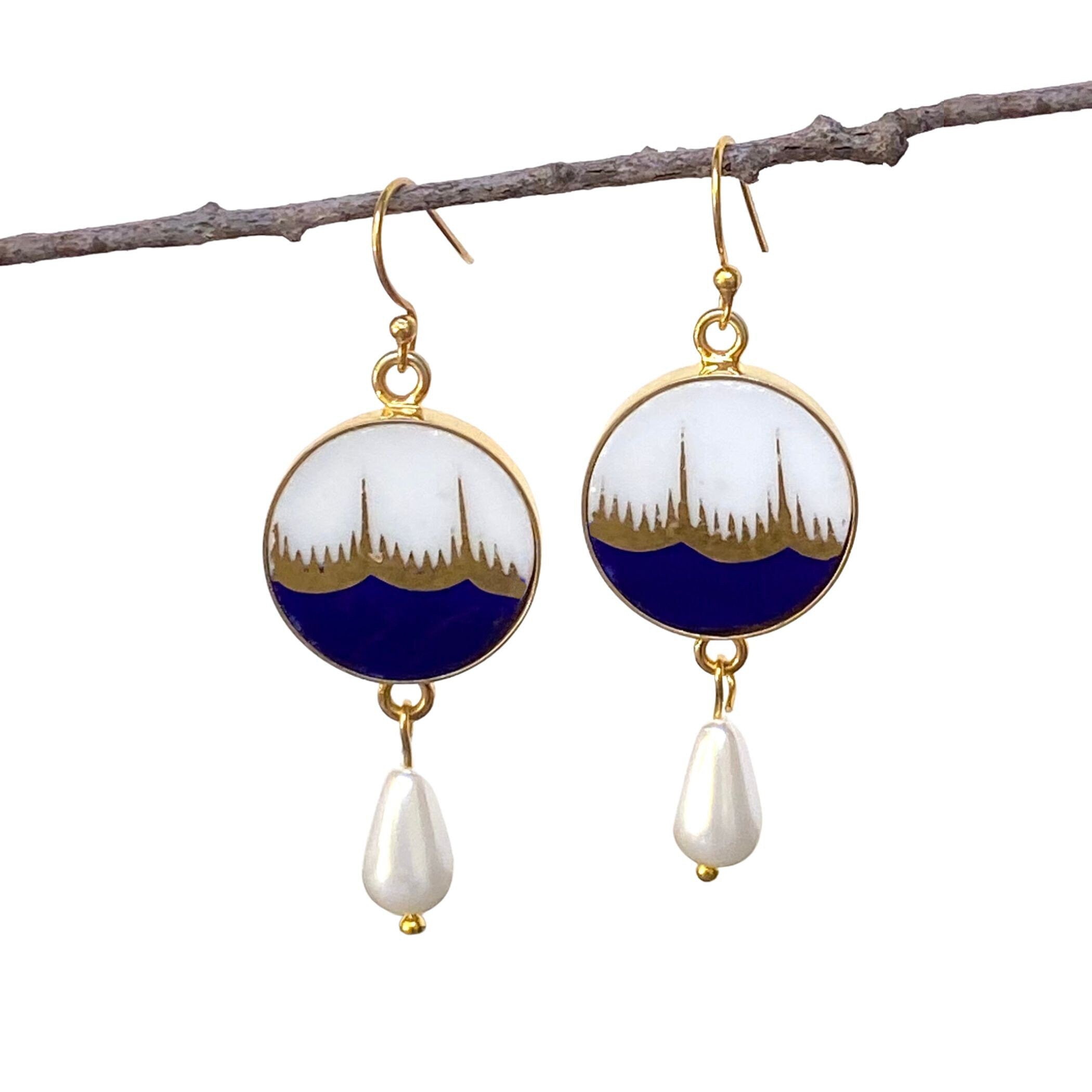 Stunning Gold and Cobalt China Dangle Earrings handmade with Upcycled Porcelain & Long Pearl Drops, Unique Broken China Jewelry Gift for Her