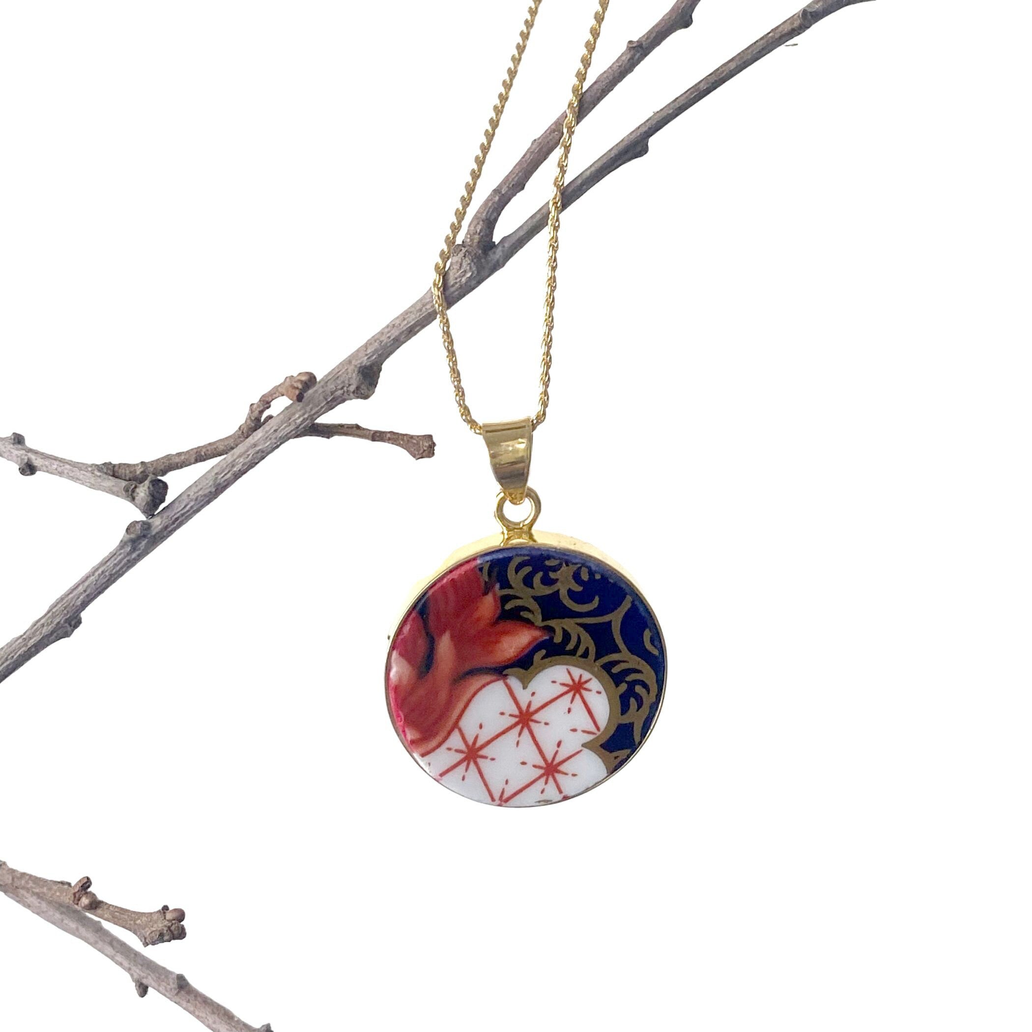 Bold Artisan Porcelain Necklace handmade with Royal Crown Derby Imari China, Upcycled Statement Jewelry Gift for Her 18th Anniversary Gift