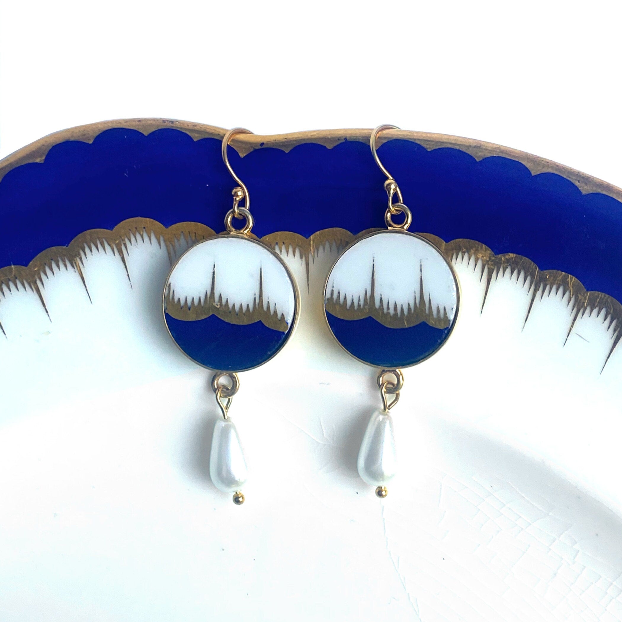 Stunning Gold and Cobalt China Dangle Earrings handmade with Upcycled Porcelain & Long Pearl Drops, Unique Broken China Jewelry Gift for Her