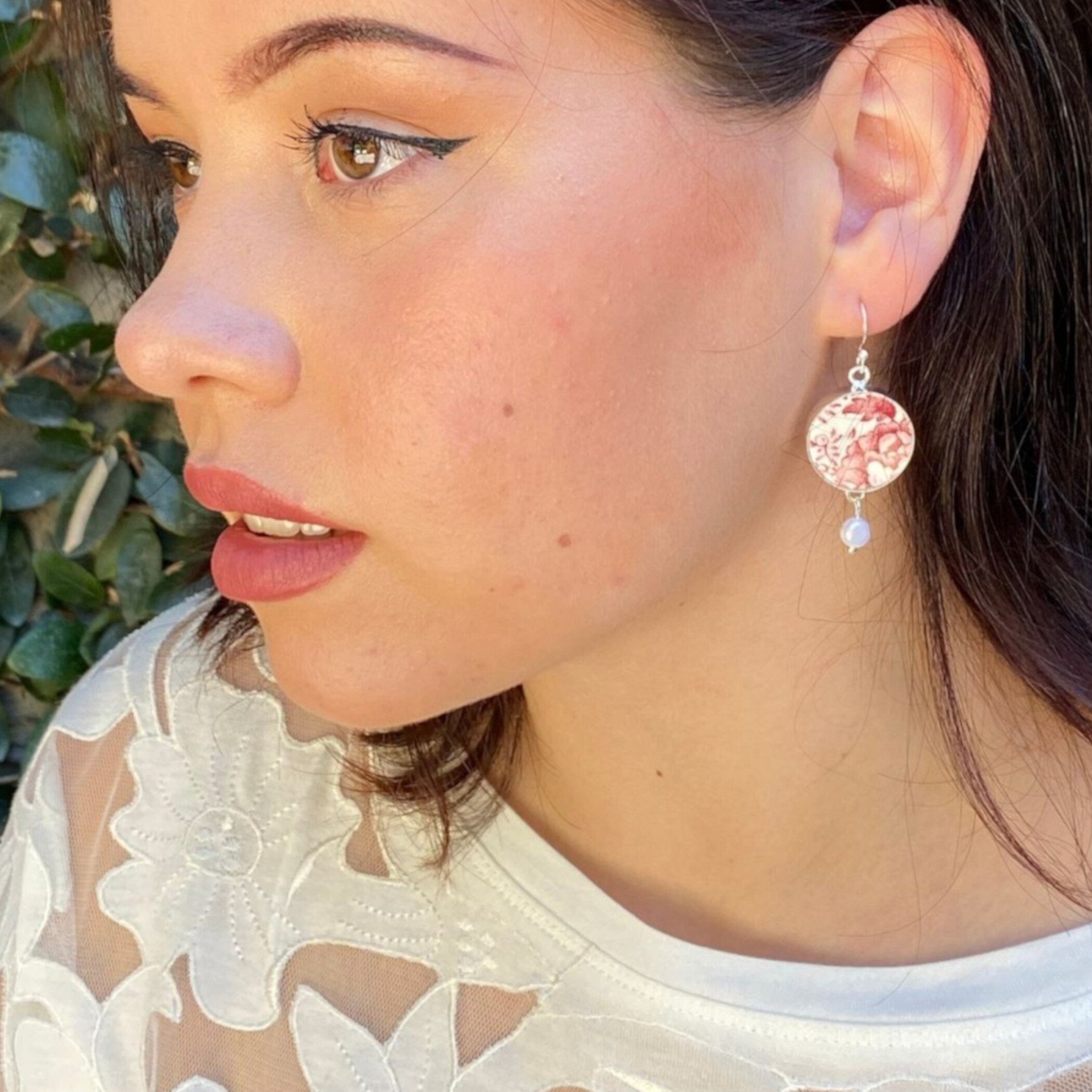 Vintage Red Chinoiserie China Earrings with Upcycled Transferware China, Broken China Jewelry with Red Rose English Pottery & Pearl Dangles