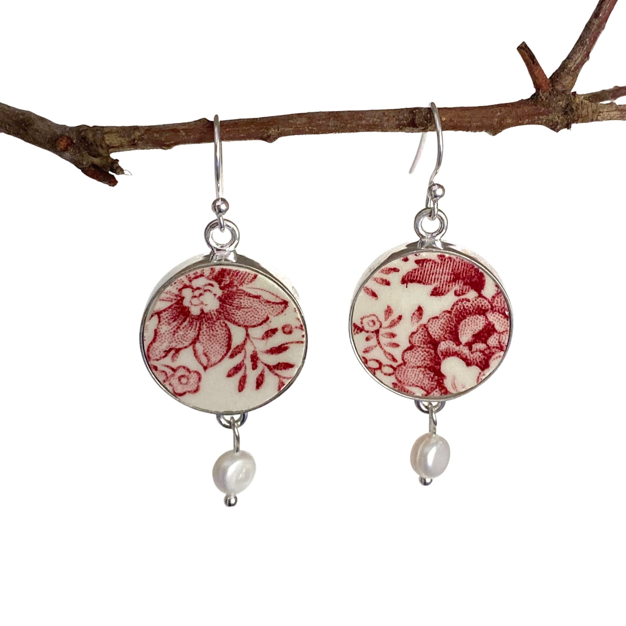 Vintage Red Chinoiserie China Earrings with Upcycled Transferware China, Broken China Jewelry with Red Rose English Pottery & Pearl Dangles