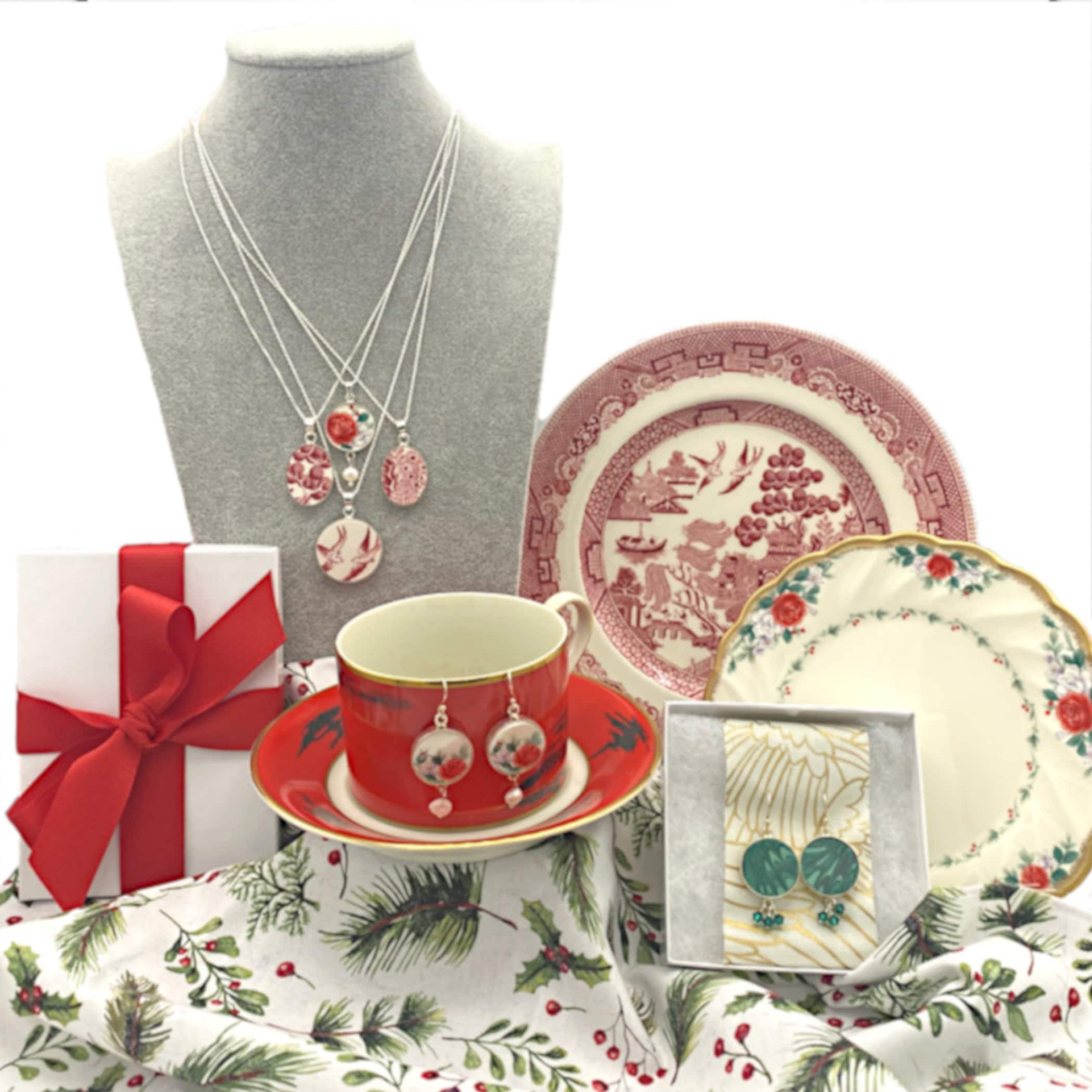 Broken China Earrings handmade with Spode Christmas Tree China & Fine Pearl Dangles, Christmas Broken China Jewelry with Holly Leaf China