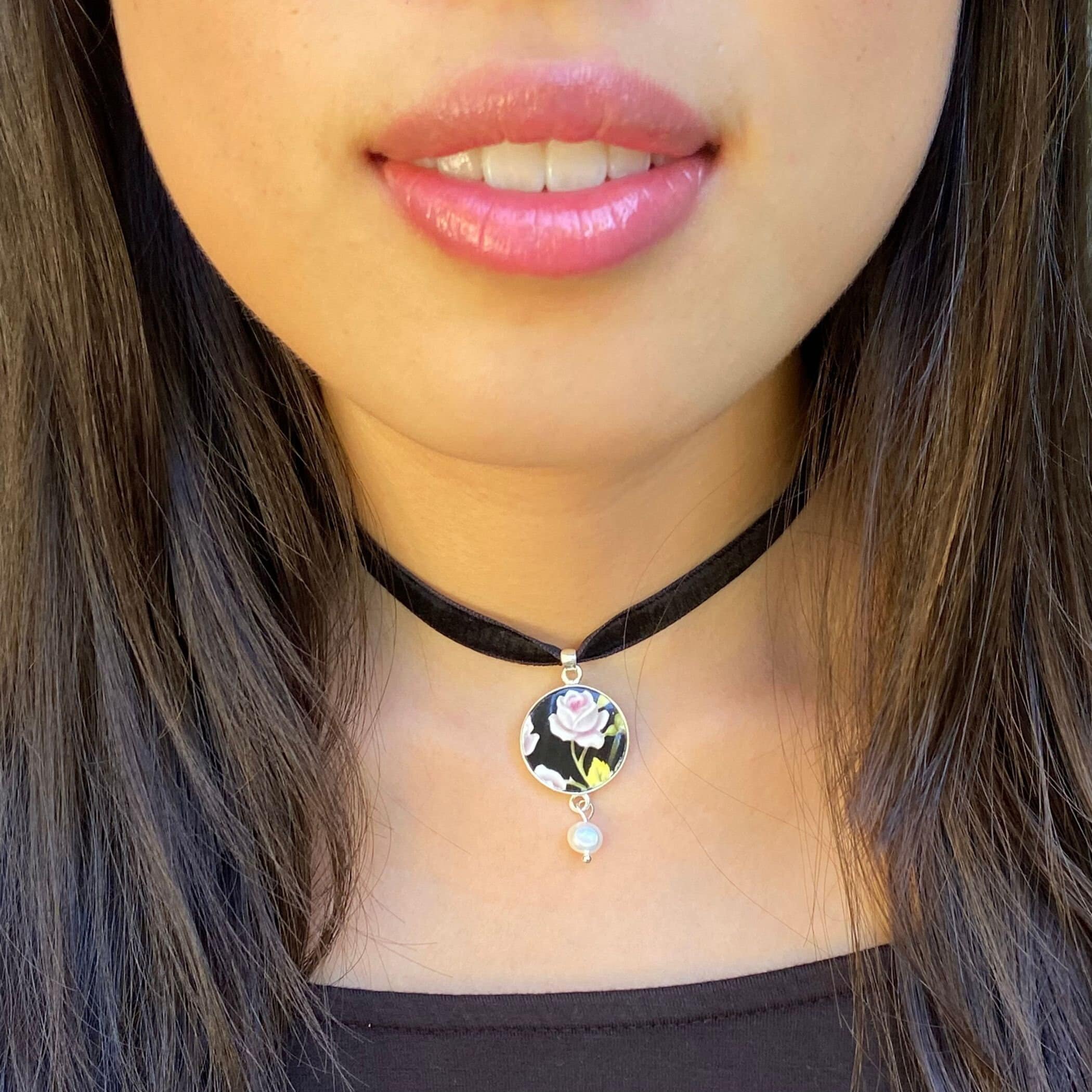 Romantic Victorian Choker Necklace with Black Velvet & Upcycled Porcelain Rose Statement Pendant, Vintage Style Regency Jewelry Gift For Her